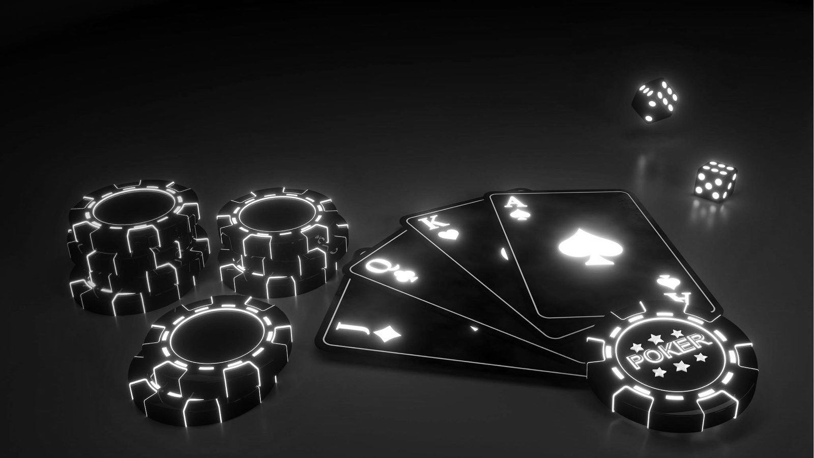 Glowing neon poker chips, a royal-flush fan of cards and two dice on a dark table